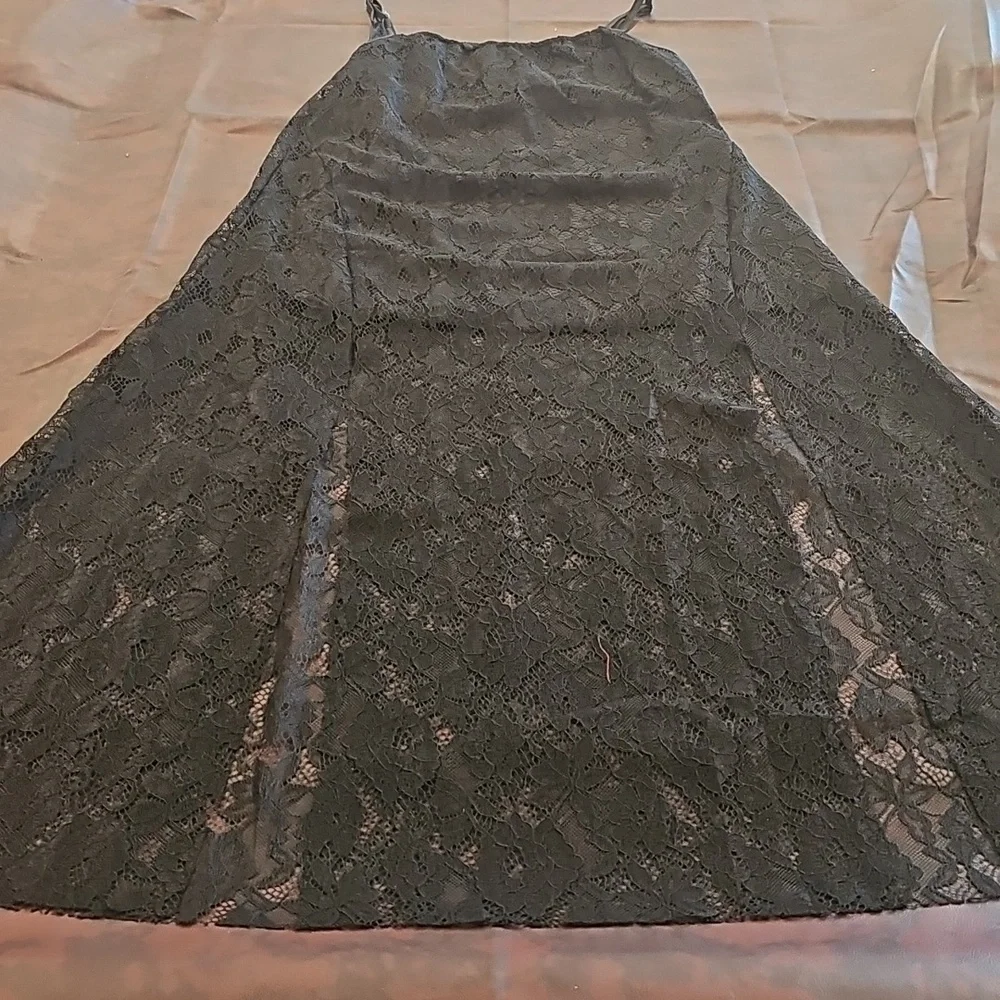 B1 Black Tank Top Solid Lace Spaghetti Strap Dual Leg Split Sexy Top Dress Sz M - Picture 2 of 7